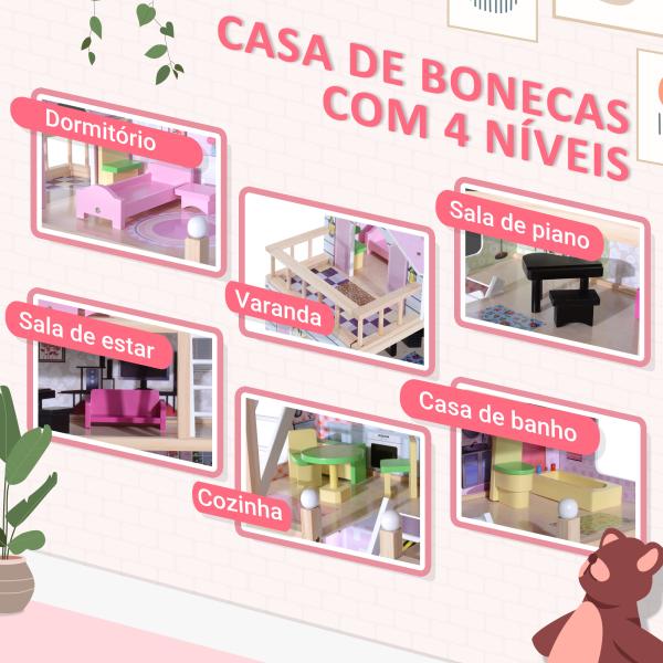 Casa de Bonecas com Móveis e 4 Andares Casa de Bonecas com 13 Acessórios Brinquedo de Imitação 60,5x30x80,5cm Rosa