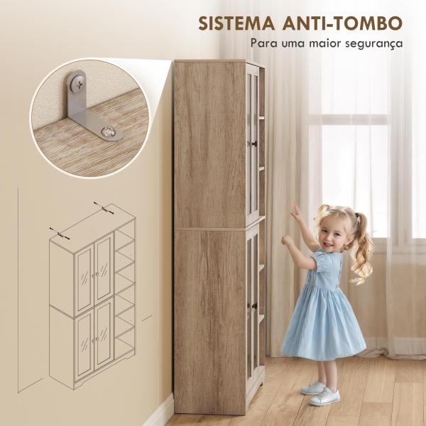 Armário de Cozinha Móvel Auxiliar de Cozinha com Prateleiras Abertas e 4 Portas de Vidro 90x35x172 cm Cinza Claro
