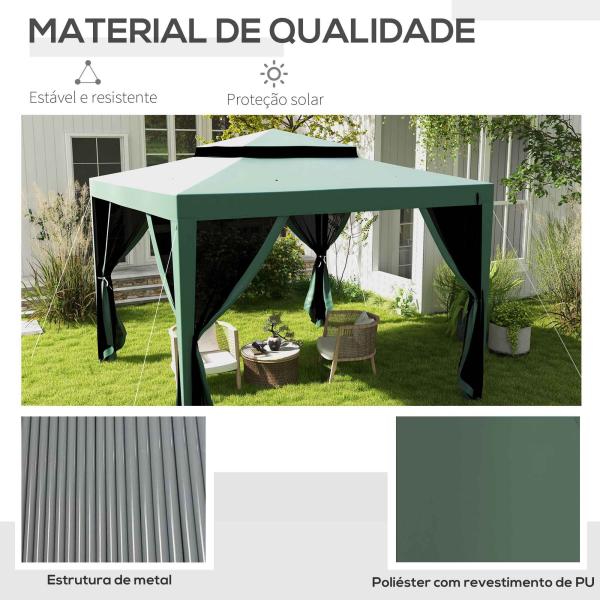Pérgola de Jardim com 4 Mosquiteiras Teto Duplo 8 Orifícios de Drenagem e Estrutura de Metal 297x297x268 cm Verde