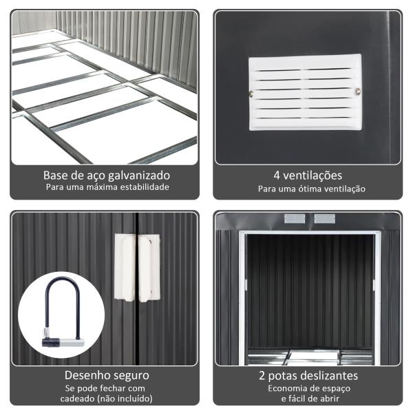 Abrigo de Jardim Metálico 340x386x200cm Abrigo de Exterior para Armazenamento de Ferramentas com Base Incluida 4 Janelas de Ventilação e Porta Corredeira Cinza