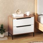 Cómoda com 2 Gavetas de Tecido Frentes com Padrão de Diamante Móvel de Arrumação 59,5x30x54 cm Madeira e Branco