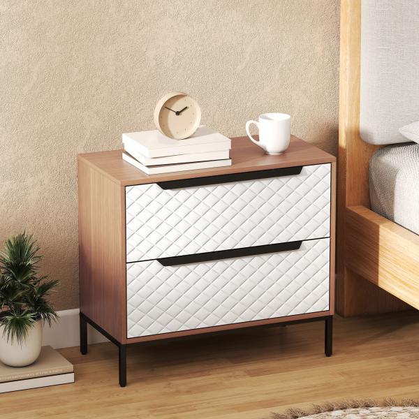Cómoda com 2 Gavetas de Tecido Frentes com Padrão de Diamante Móvel de Arrumação 59,5x30x54 cm Madeira e Branco