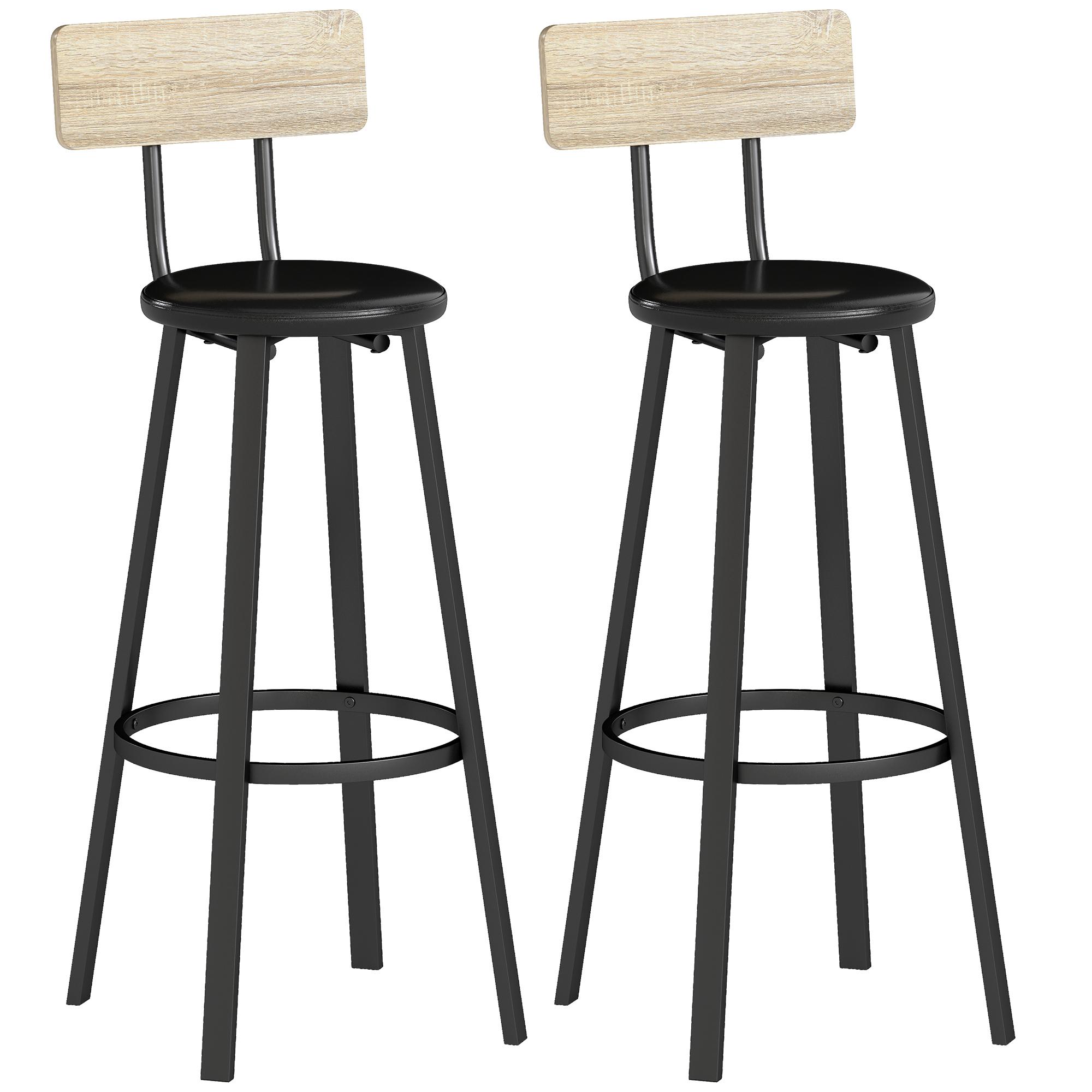 Conjunto de 2 Bancos de Bar Bancos Altos de Cozinha com Encosto e Apoio para Pés Estofados em PU Assento 41,5x36,5x99,5 cm Madeira e Preto