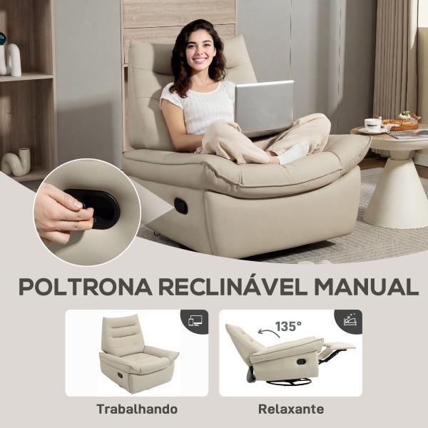 Poltrona Relax Reclinável Manual Giratória Função Baloiço Estofada em PU Reclinável até 135º 97x94x98 cm Creme