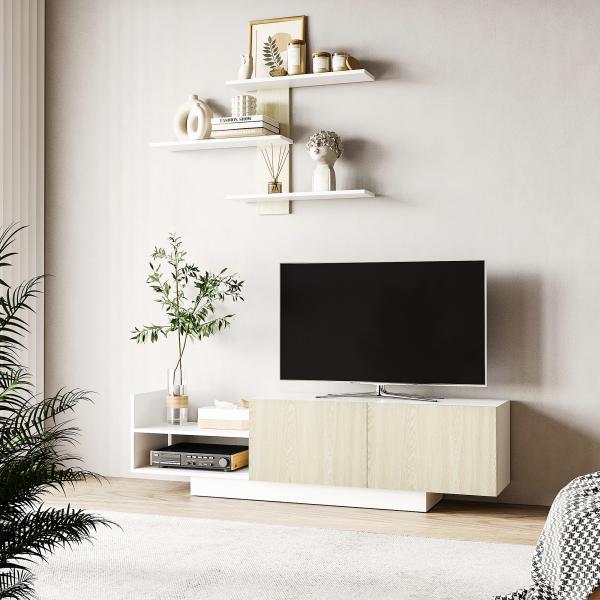 Móvel de TV para Sala de Estar Móvel para Televisores 150x31,5x40cm e Prateleira de Parede 95,5x16x60cm Madeira e Branco