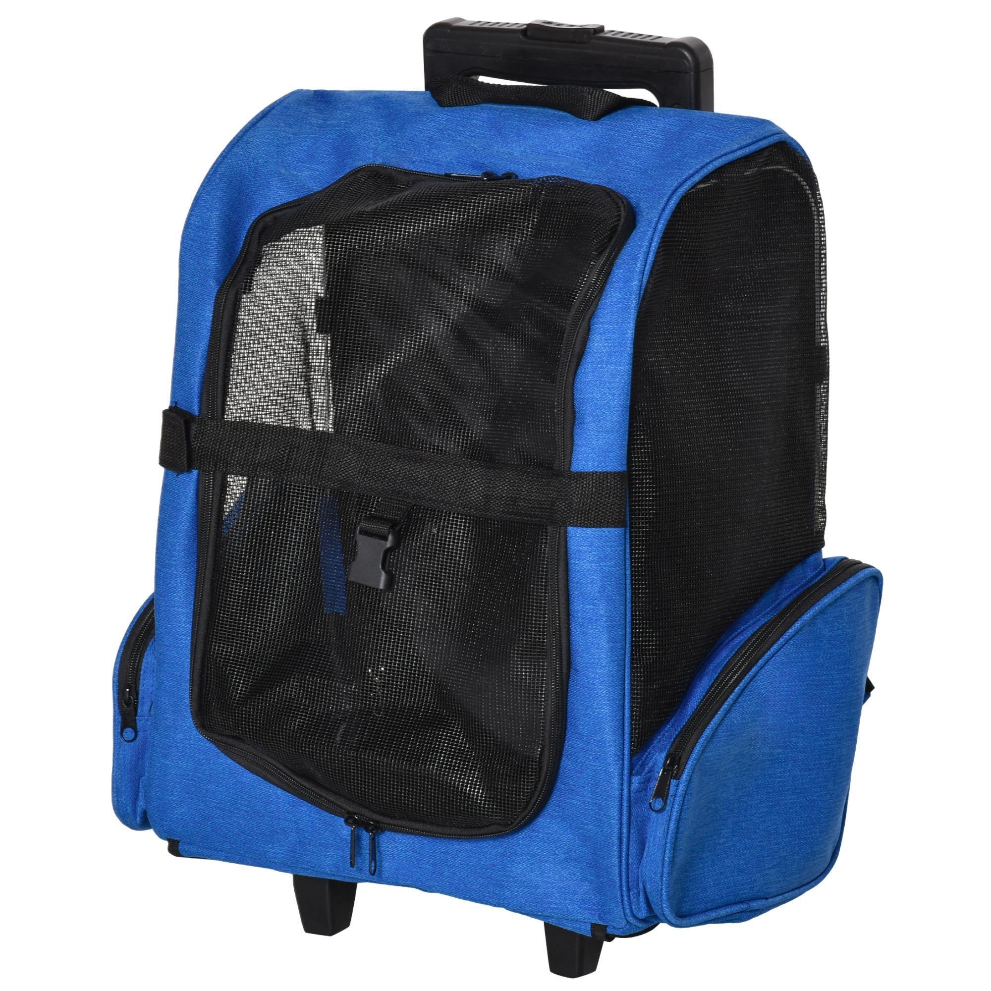 Transportadora para Animais de Estimação 2 em 1 Mochila de Viagem com 2 Rodas para Cães Gatos com Alça Retrátil de Alumínio e Bolso de Armazenamento 42x25x55cm Azul