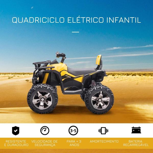 Quadriciclo Elétrico 12V com Farol Música Pneus Suspensão Botões Avance Retrocesso 3 - 5 Anos Amarelo 100x65x73cm