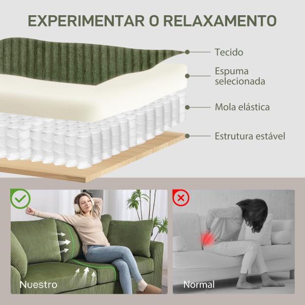 Sofá de 3 Lugares Sofá Sala de Estar 212x80x88 cm Estofado em Veludo Canelado com 2 Almofadas Desenho Moderno Verde