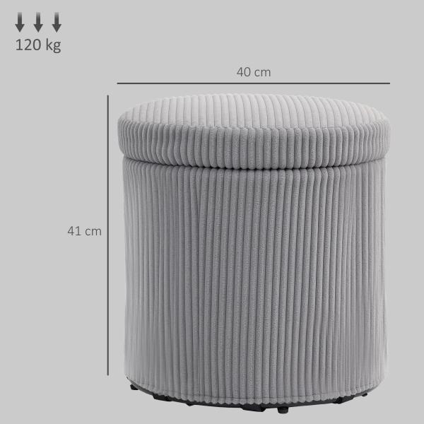 Puff de Arrumação Baú de Arrumação Redondo Estofado em Veludo Cotelê Tampa Removível Ø40x41 cm Cinza Claro