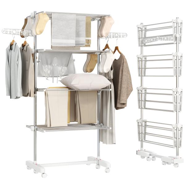 Estendal de Roupa Dobrável 80x55x172cm com 6 Rodas e 4 Prateleiras com Altura Ajustável de Aço Inoxidável Prateado
