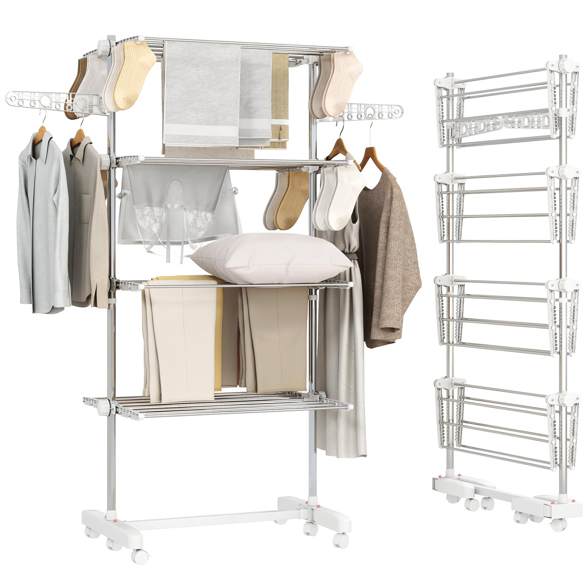 Estendal de Roupa Dobrável 80x55x172cm com 6 Rodas e 4 Prateleiras com Altura Ajustável de Aço Inoxidável Prateado