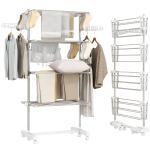 Estendal de Roupa Dobrável 80x55x172cm com 6 Rodas e 4 Prateleiras com Altura Ajustável de Aço Inoxidável Prateado