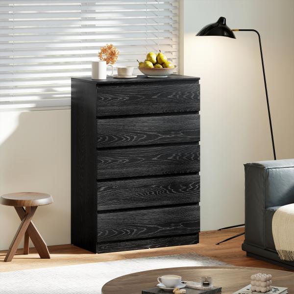 Cómoda 5 Gavetas Cômoda para Quarto Móvel de Arrumação Estilo Moderno 77x40x111,5 cm Preto Veteado