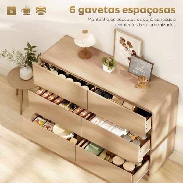 Cómoda com 6 Gavetas Bordos Arredondadas Cómoda para Sala Cozinha Entrada Escritório 120x38x86 cm Madeira