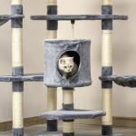 Árvore Arranhador para Gatos Grande 60x60x200cm com 2 Cavernas 2 Redes Cama Múltiplas Plataformas Postes Arranhadores de Sisal Natural e Bolas de Brinquedo Cinza