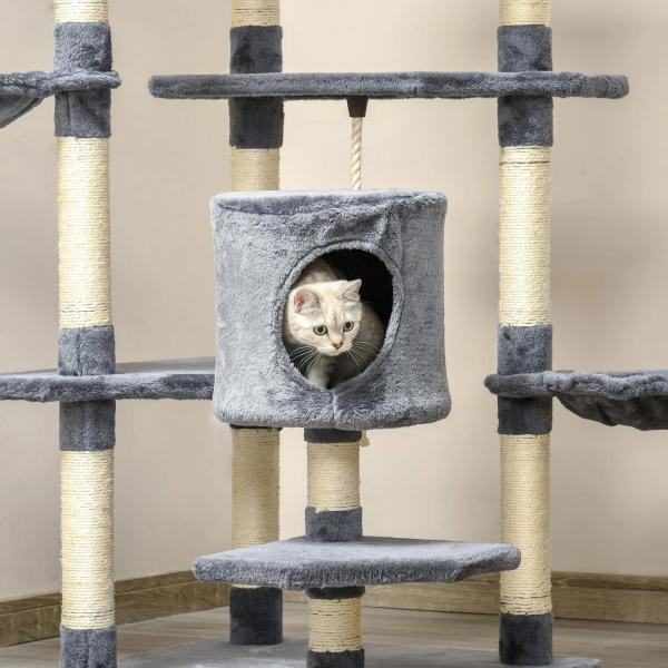 Árvore Arranhador para Gatos Grande 60x60x200cm com 2 Cavernas 2 Redes Cama Múltiplas Plataformas Postes Arranhadores de Sisal Natural e Bolas de Brinquedo Cinza