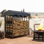Suporte para Lenha com Cobertura Estante para Lenha de Metal com Estrutura Reforçada e Anéis de Bloqueio 143x70x145 cm Preto