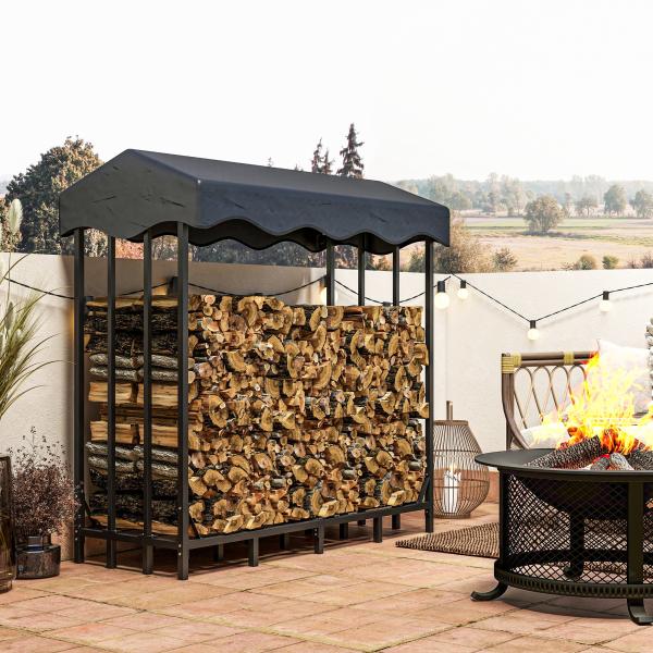 Suporte para Lenha com Cobertura Estante para Lenha de Metal com Estrutura Reforçada e Anéis de Bloqueio 143x70x145 cm Preto