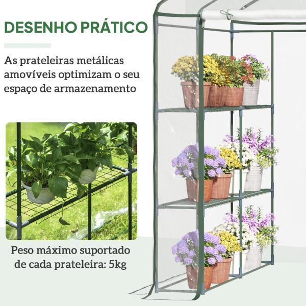 Estufa Transparente de Jardim Estufa de Plantas de 3 Níveis com Prateleiras Estrutura de Aço 143x143x195cm Transparente e Verde