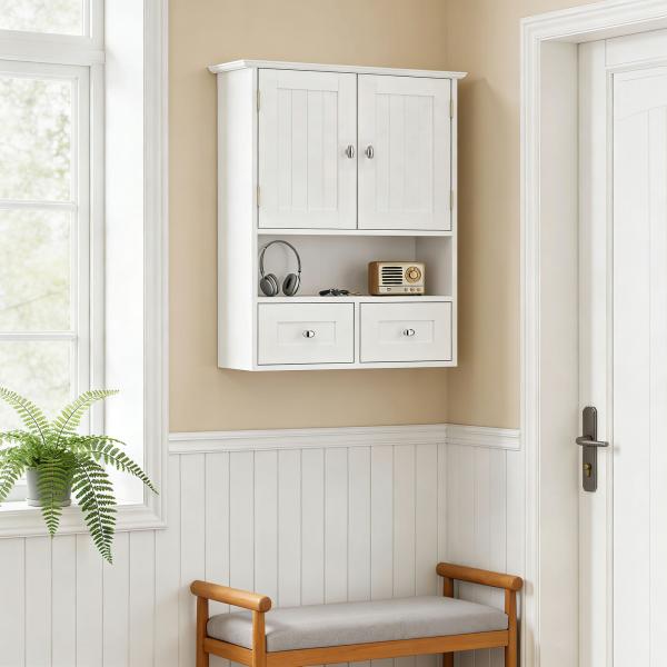 Armário de Parede para Casa de Banho com 2 Portas Prateleira Aberta e 2 Gavetas Estilo Moderno 50,8x17,8x66 cm Branco