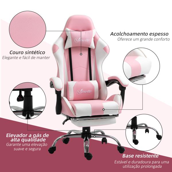 Cadeira de Gaming Reclinável Giratória com Apoio para a Cabeça Apoio para os Pés e Almofada Lombar 64x67x119 - 127 cm Rosa