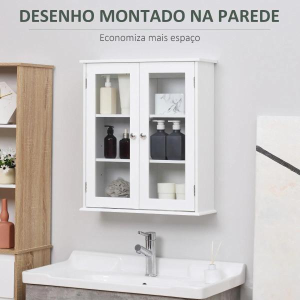 Armário Casa de Banho de Parede com 2 Portas de Cristal Armário Suspenso com Prateleiras Ajustáveis em Altura Multiuso para Cozinhas Sala de Estar 55x20x65cm Branco
