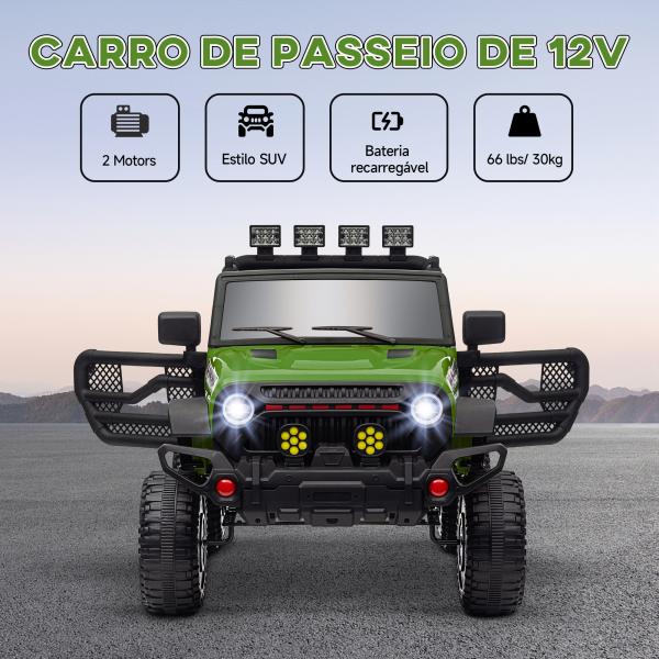 Carro Elétrico para Crianças com Bateria de 12V Controlo Remoto Faróis LED Buzina e Música 100x63x65 cm Verde