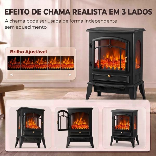 Lareira Elétrica com Efeito Chama 3D, 39x24x57 cm, Preta