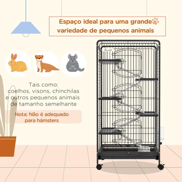 Gaiola para Pequenos Animais com 6 Níveis Gaiola para Roedores com Rodas Rampa e Bandeja Amovível 61,5x44x131 cm Preto