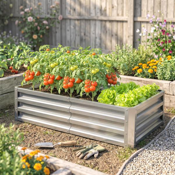 Caixa de Plantio de Aço Galvanizado para Cultivar Plantas Flores Floreira Exterior Retangular com Fundo Aberto 120x60x30,5 cm Prata
