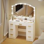 Toucador com 10 Luzes LED de 3 Cores Toucador de Maquilhagem com Espelho 7 Gavetas 3 Compartimentos Moderno 110x40x150 cm Branco