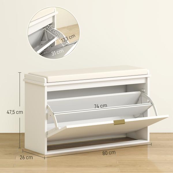 Banco Sapateira Móvel Sapateira Estreito com Assento Estofado Caixa Rebatível e Painel de Ripas 80x26x47,5 cm Branco