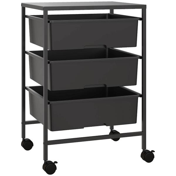 Carrinho Auxiliar com Rodas Carrinho de Cozinha de 3 Níveis com 3 Cestos e Estrutura de Aço 40,8x33,5x60,5 cm Preto