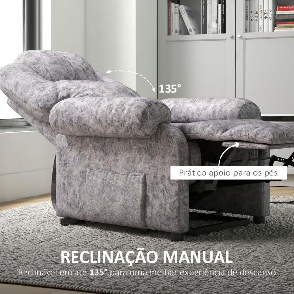 Poltrona Relax Reclinável com Apoio para os Pés Retrátil Encosto Alto Bolso Lateral Acolchoado Grosso 88x91x108 cm Cinzento