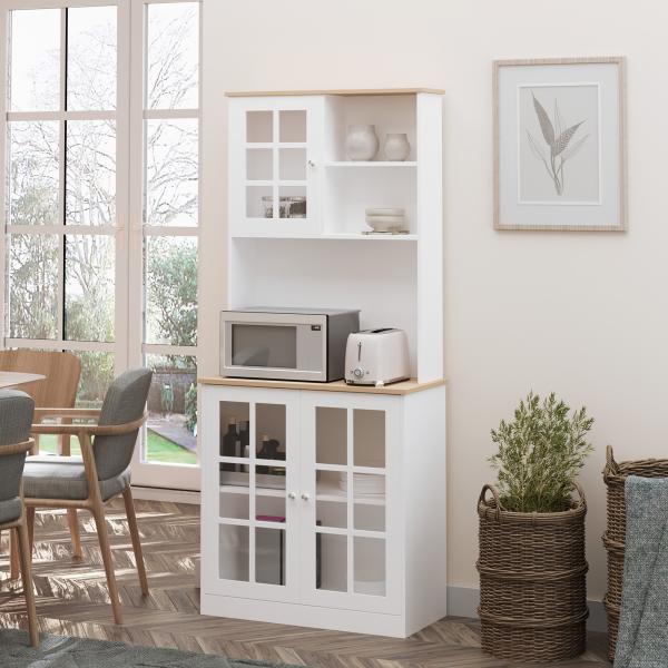 Armário de Cozinha com Prateleiras e Portas de Vidro para Pequenos Eletrodomésticos e Louças 80x37x183cm Branco