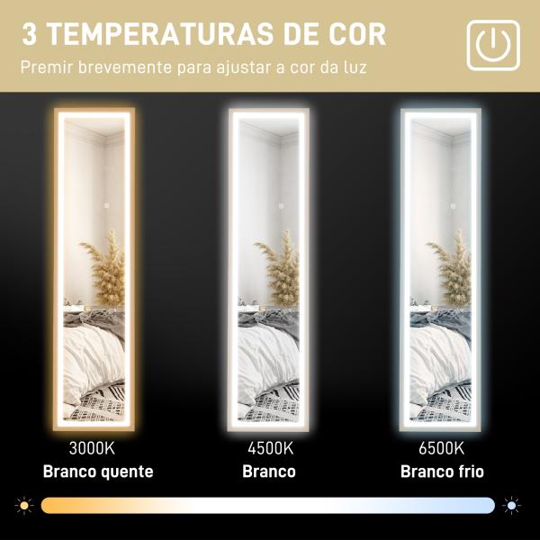 Espelho de Pé com Luz LED 40x160 cm Espelho de Corpo Inteiro com Iluminação de 3 Cores Tátil Função de Memória Madeira