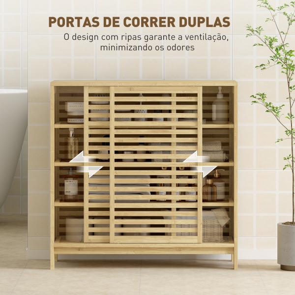 Armário de Casa de Banho em Bambu com 2 Portas de Correr Desenho com Ripas 4 Prateleiras Móvel Auxiliar de Arrumação 80x34x80 cm Madeira