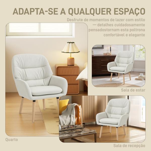 Poltrona de Sala de Estar Moderna Acolchoada de Dupla Camada Estofada em Couro Sintético Pés de Madeira 68x74x89 cm Creme