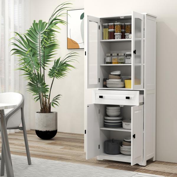 Armário de Cozinha com 4 Portas 1 Gaveta e 2 Prateleiras Ajustáveis para Sala de Jantar 60x30x160 cm Branco