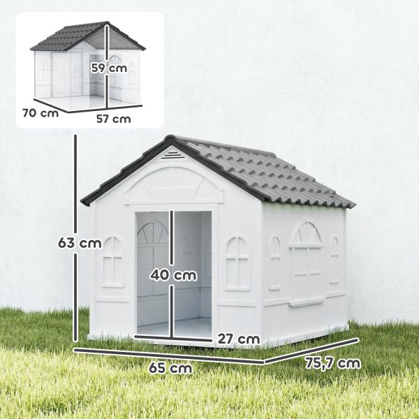 Casa para Cães 65x75,7x63 cm Casa para Cães com Janelas e Teto com Telhas de Imitação para Cães Médios Cinza e Branco