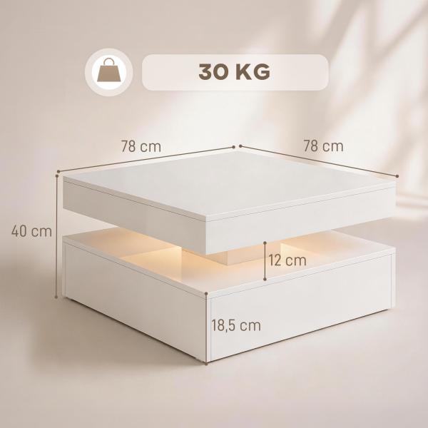 Mesa de Centro com LED RGB de 7 Cores com Armazenamento Aberto e Controlo Remoto 78x78x40 cm Branco