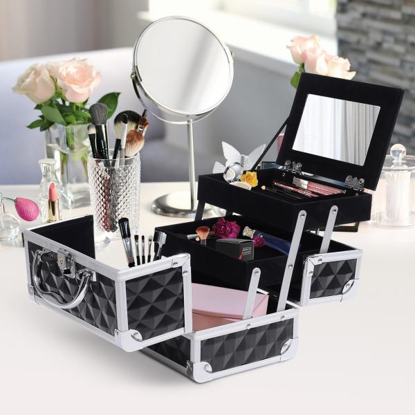 Estojo de Maquilhagem Organizador Cosméticos Profissional Portátil com Fecho e Vários Compartimentos 20x15x15 cm, Preto