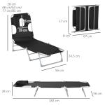 Espreguiçadeira de Jardim Reclinável e Dobrável com Orifício de Leitura Apoio para Cabeça e Encosto Ajustável em 4 Níveis para Praia 182x56x24,5 cm Preto