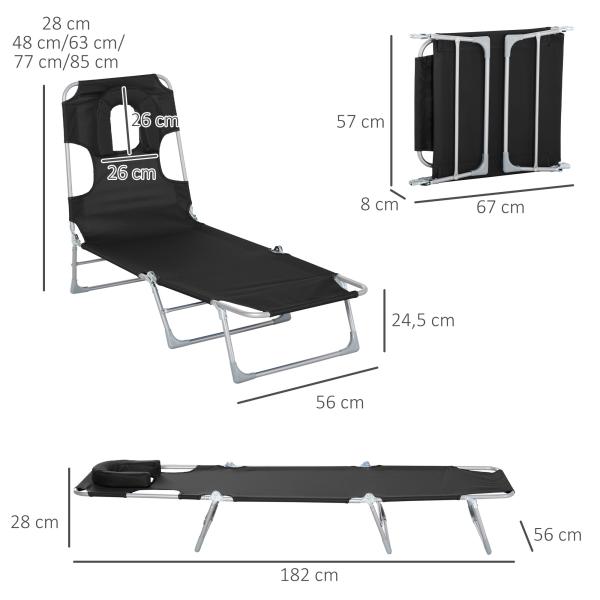 Espreguiçadeira de Jardim Reclinável e Dobrável com Orifício de Leitura Apoio para Cabeça e Encosto Ajustável em 4 Níveis para Praia 182x56x24,5 cm Preto