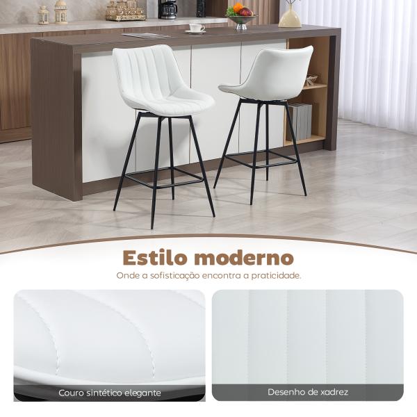 Conjunto de 2 Bancos de Bar Giratórios com Encosto Curvado e Apoio para os Pés Estofados em PU 47x54,5x97,5 cm Branco