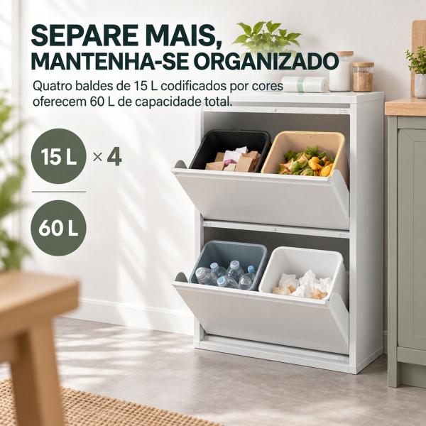 Caixote do Lixo de Reciclagem 4x15 L (60 L), 4 Compartimentos Estreitos em Aço, Fecho Suave, Branco