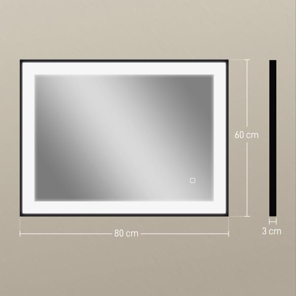 Espelho Casa de Banho com Luz LED 80x60 cm Iluminação Ajustável Função Anti - Embaciamento Função Memória Preto
