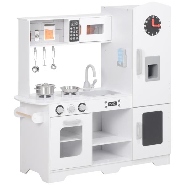 Cozinha de Madeira para Crianças com Fogão Lavatório Micro - Ondas Relógio Máquina de Gelo e Acessórios 100,5x41x110 cm Brancp