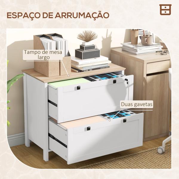 Móvel Arquivador com 2 Gavetas 2 Barras Suspensas para Tamanho A4 e 2 Chaves 79x40x72 cm Branco e Madeira