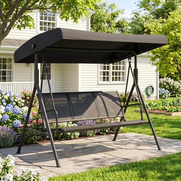 Baloiço de Jardim Exterior de 3 Lugares com Toldo Reclinável Assento Respirável e Estrutura de Aço 175x118x159 cm Preto